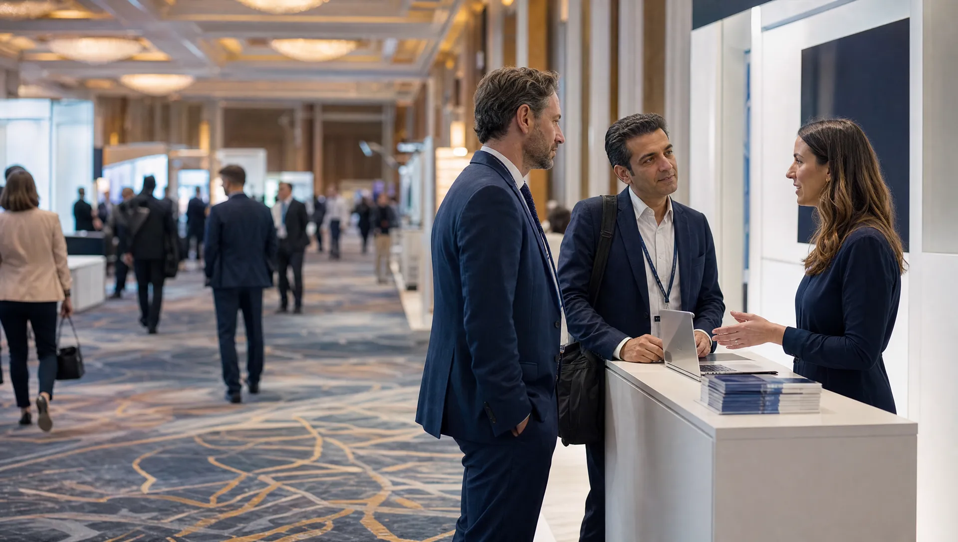 Clinicians talking with an exhibitor on a conference floor