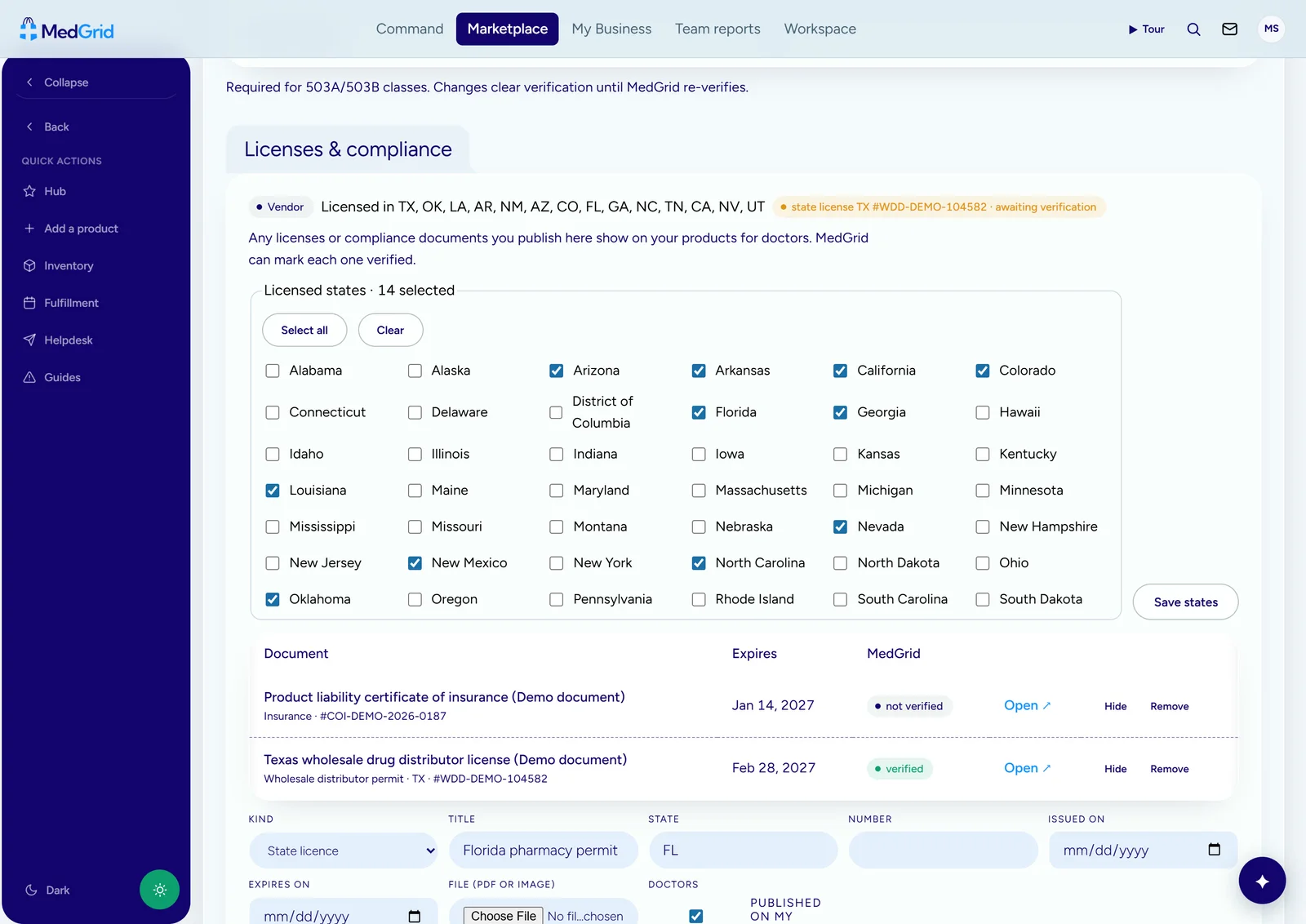 The licenses and compliance view: states a vendor is licensed in and the documents it publishes