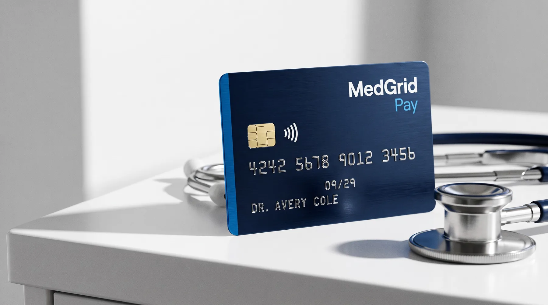 A MedGrid Pay card standing on a desk beside a stethoscope