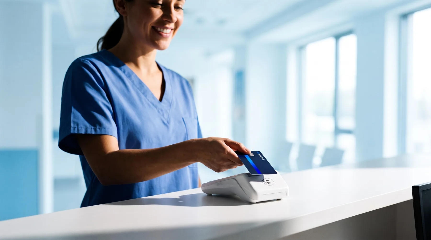 A staff member tapping a MedGrid Pay card at a front desk
