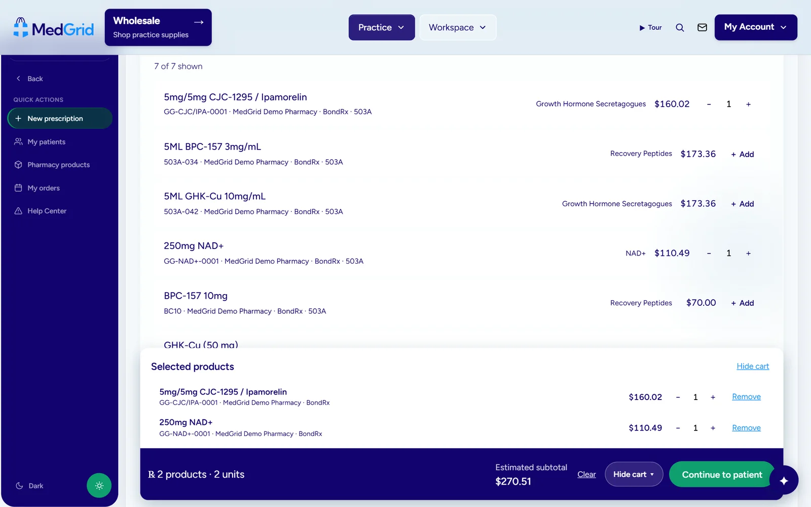 The MedGrid prescribing screen with a cart of selected products