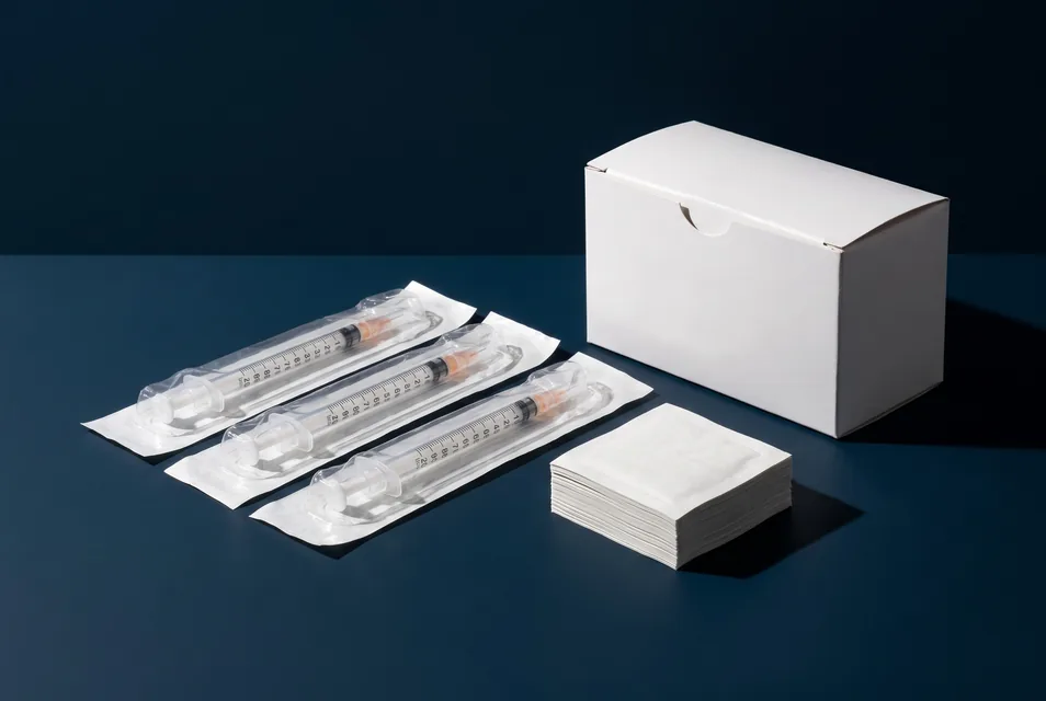 Syringes and gauze on a navy set