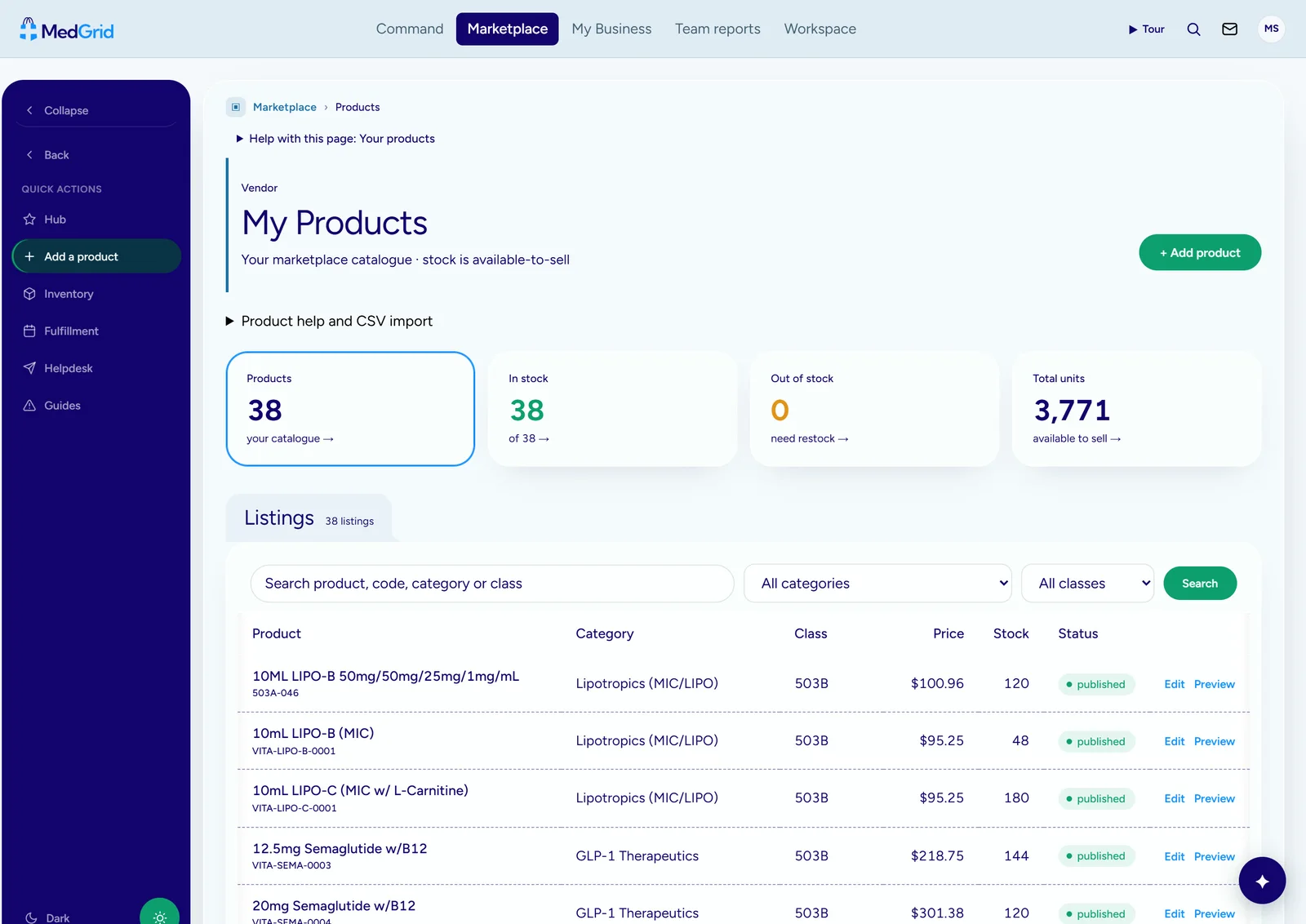 A vendor catalog showing class, price, stock and publish status